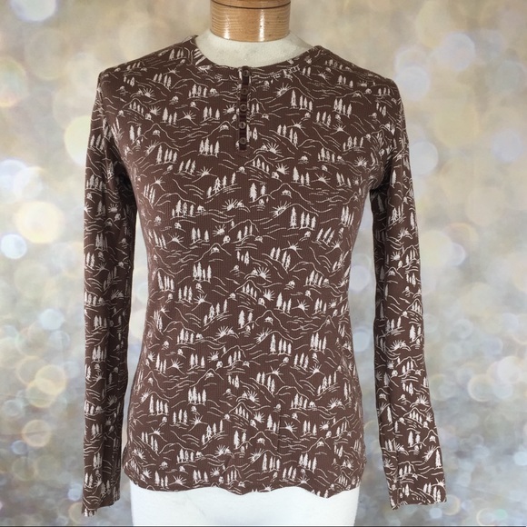 Vintage Columbia Thermal Shirt XS Cabins and Trees Brown Winter Rustic - Picture 2 of 7